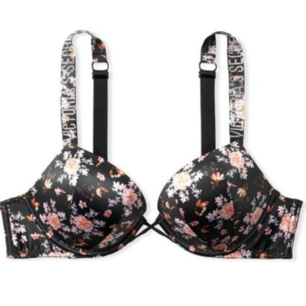 BNWT Victoria’s Secret’s BRA & THONG PANTY SET BLACK FLORAL Up 2 cup PushUp Shi…